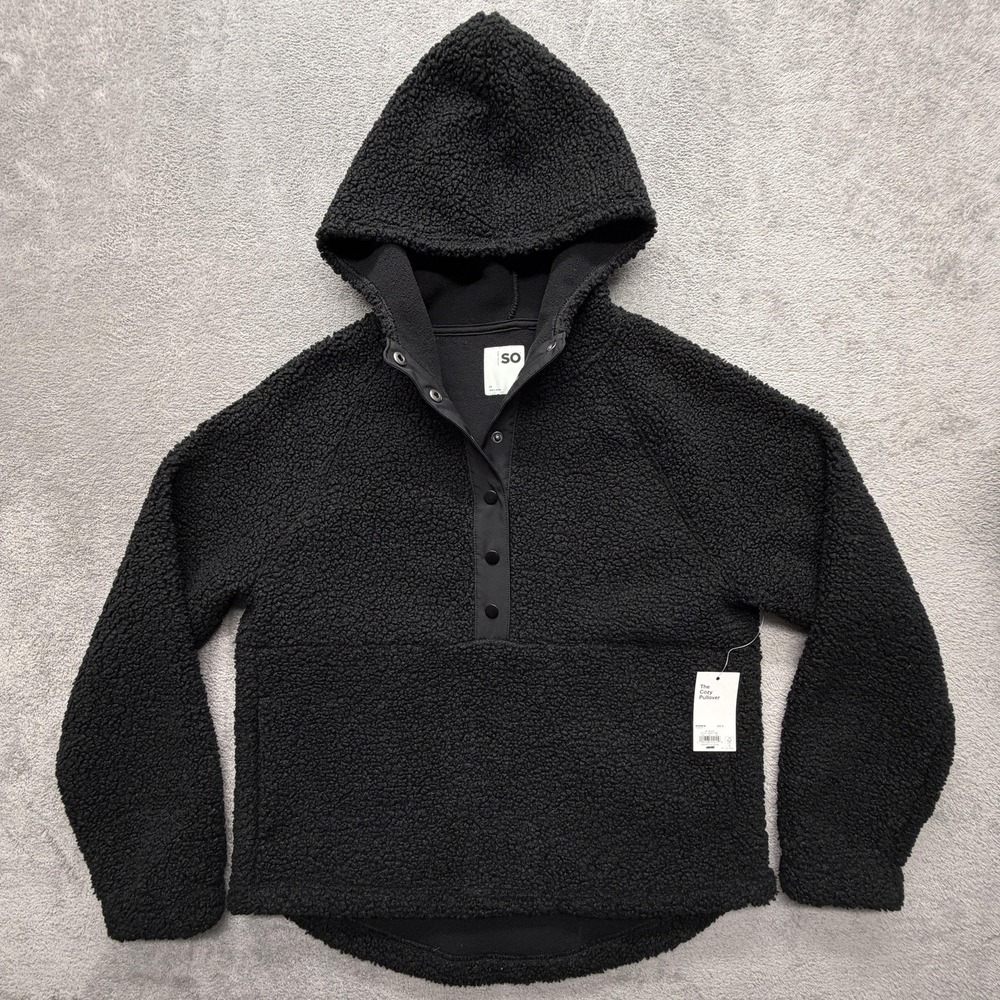 SO Hoodie Womens M Black Pullover Fleece Hooded Henley Faux Fur Cozy Relaxed Fit